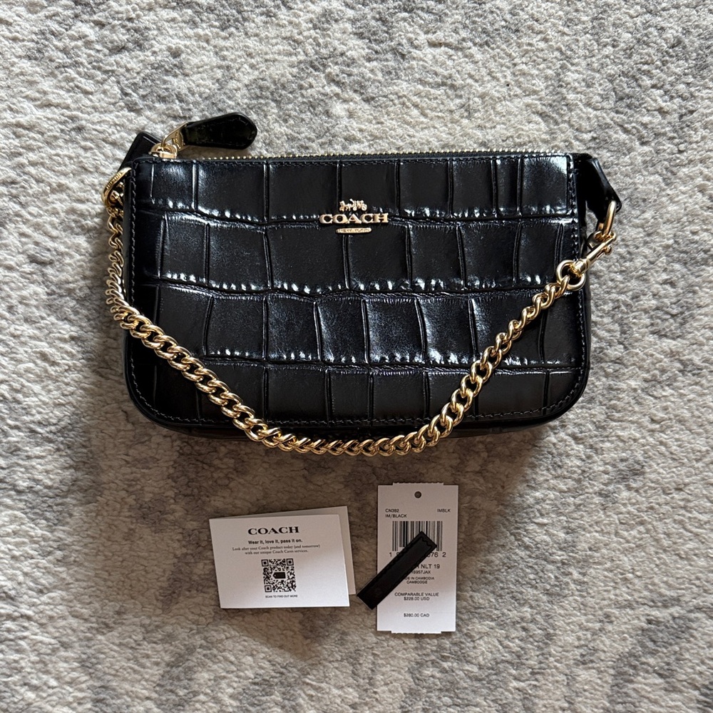 Coach Black Croc-Embossed Wristlet with Gold Chain